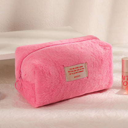 Girls Plush Solid Color Makeup Bag Large Capacity Stationery Storage Bag