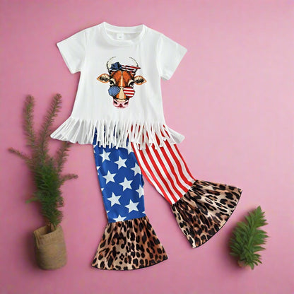 Cotton Cow Tassel Leopard Print Flared Pants Girls Set