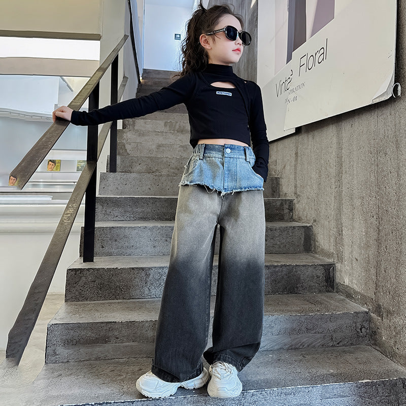 Wholesale Children's Waistband Contrasting Raw Edge Gradient Straight Wide Leg Cotton Jeans