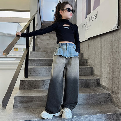 Wholesale Children's Waistband Contrasting Raw Edge Gradient Straight Wide Leg Cotton Jeans