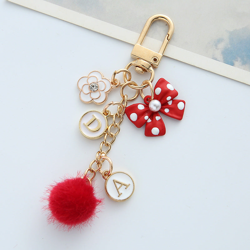 Bowknot Pearl Alphabet Heart Hair Ball Alloy Keychains
