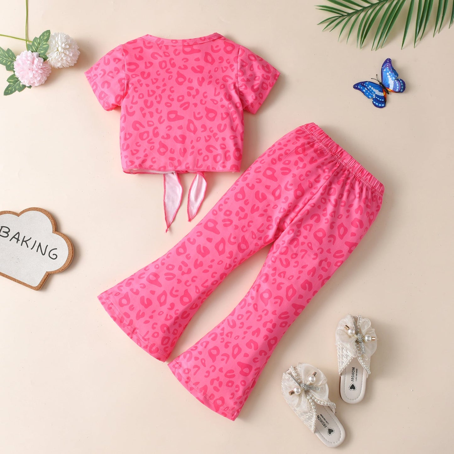 Cotton Kids Set Leopard Print Flare Pants Two Piece Set