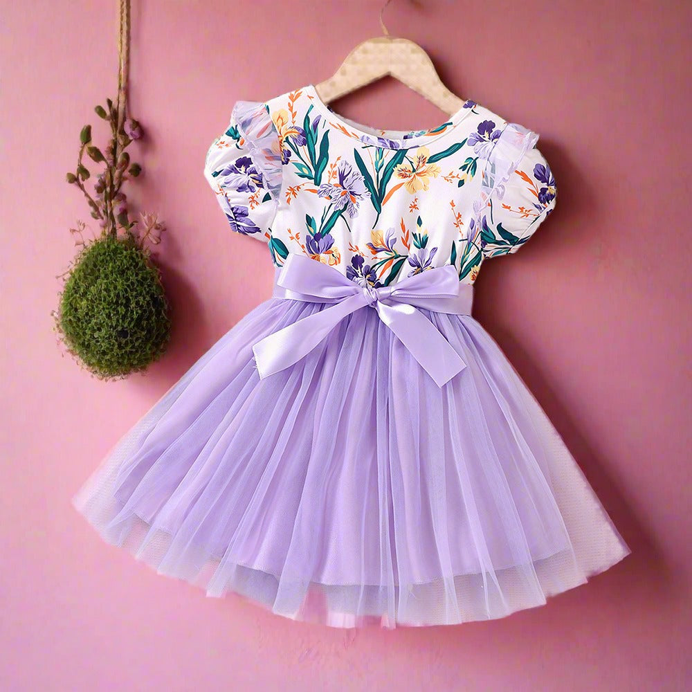 Kids Puff Sleeve Floral Print Mesh Dress Baby Clothes