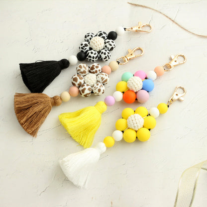 Leopard Print Sunflower Silicone Beaded Tassel Keychain