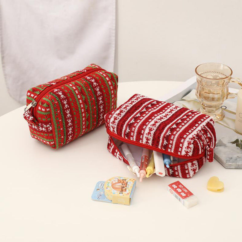 New Year Christmas Red Knitted Wool Pencil Bag