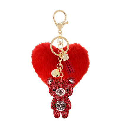 Diamond Velvet Peach Heart Fur Ball Bear Key
