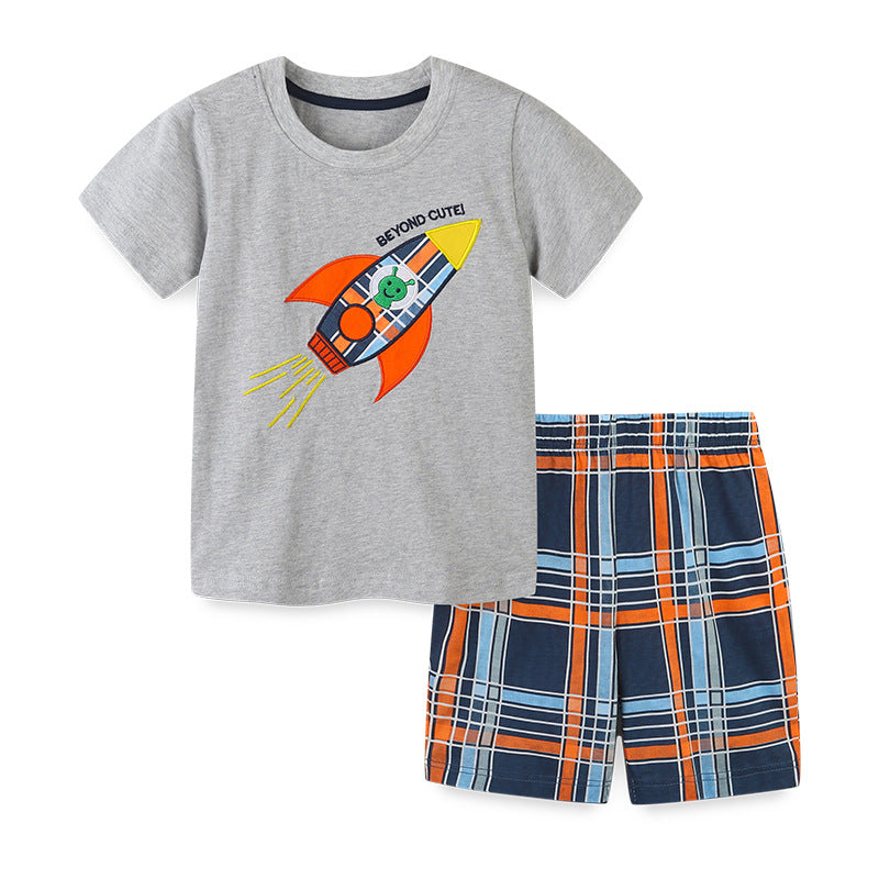 Knitted cotton children's round neck shorts two-piece set