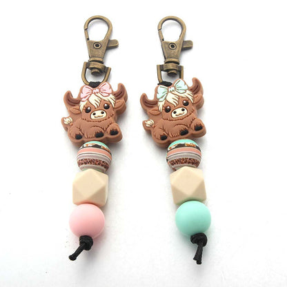 Wholesale Cartoon Cow Silicone Beaded Keychain