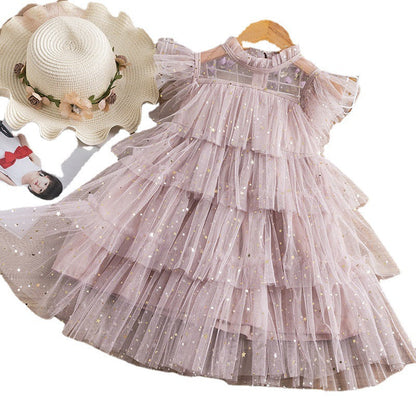 Girls Summer Star Sequin Cake Mesh Tutu Skirt