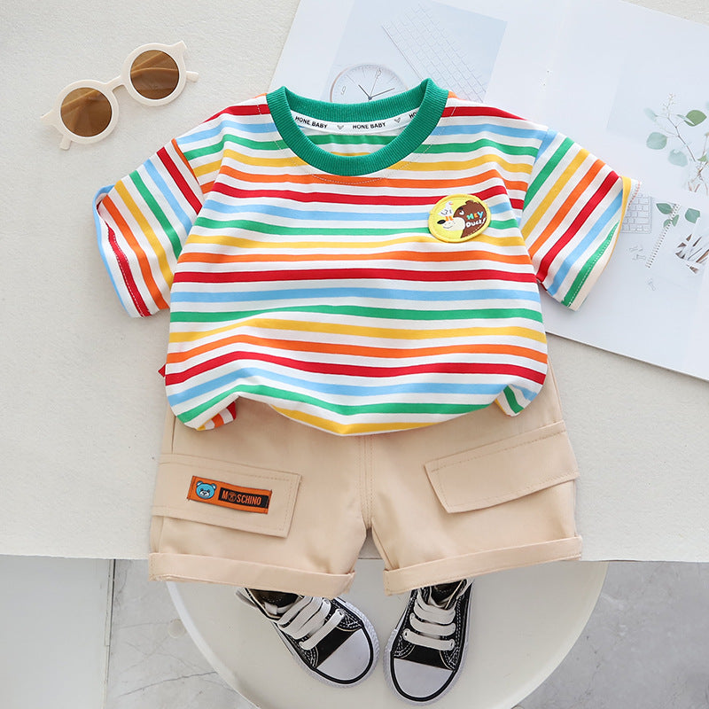 Boys' Summer Striped Short Sleeved Cotton Two-piece Set