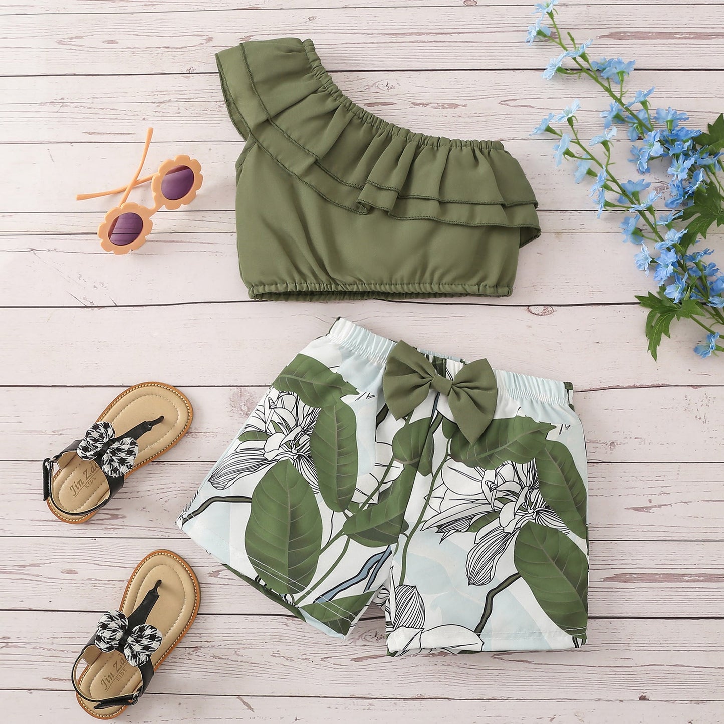 Cotton Solid Color Slanted Collar Top and Shorts Set