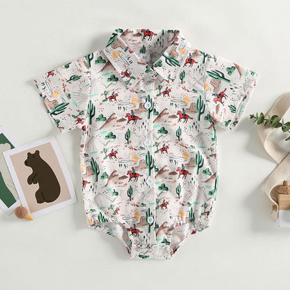 Cotton Boys Shirt Aztec Western Style Denim Cactus Jumpsuit
