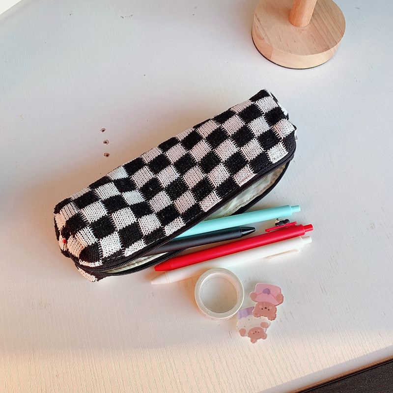 Checkerboard Knitted Large Capacity Wool Pencil Bag