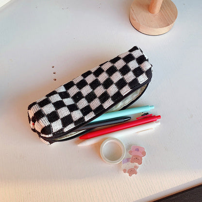 Checkerboard Knitted Large Capacity Wool Pencil Bag