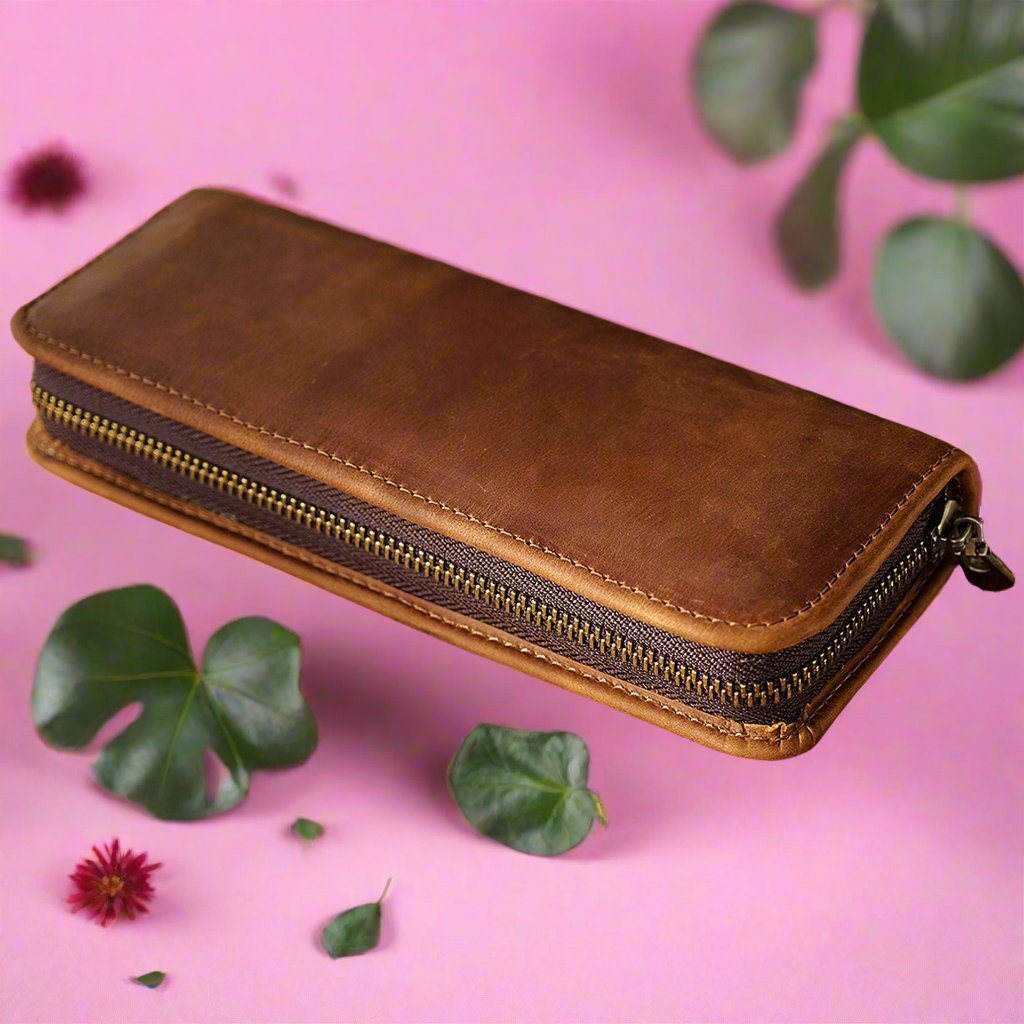 First Layer Cowhide Retro Square Men's Zipper Pencil Case