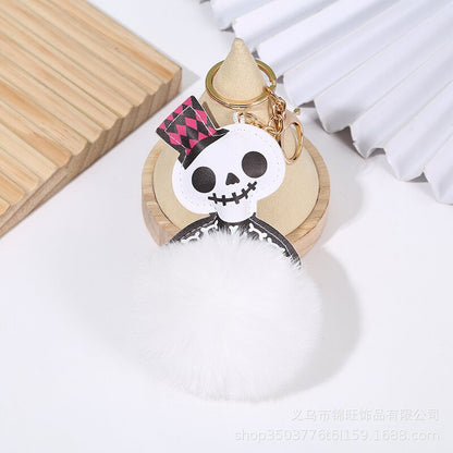Halloween Leather Skull Hair Ball Keychain