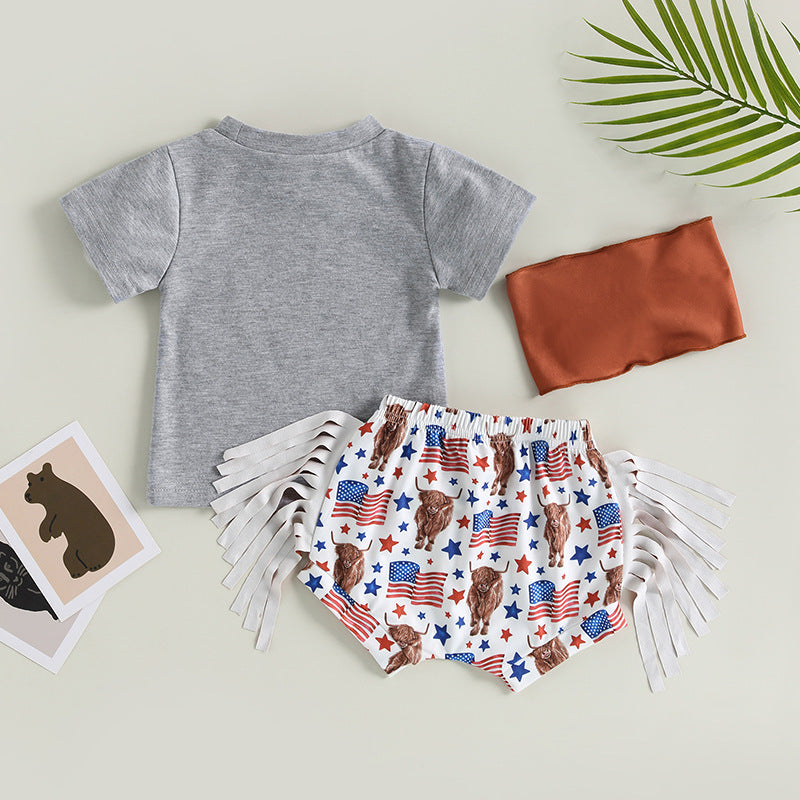 Cotton Independence Day Bull Head T-Shirt Tassel Shorts Set