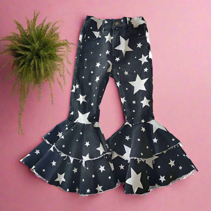 Polyester Slim Fit Kids Girls Jeans Double Layer Flares