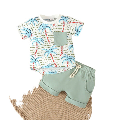 Wholesale Summer Leisure Rainforest Printed T-shirts and Shorts Cotton Baby Sets