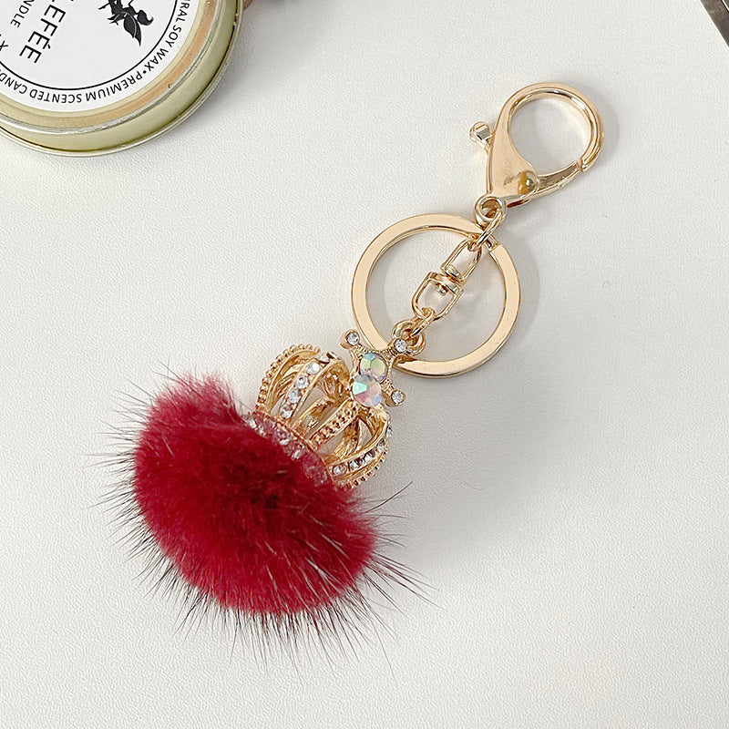 Diamond Studded Mink Fur Ball Crown Keychain