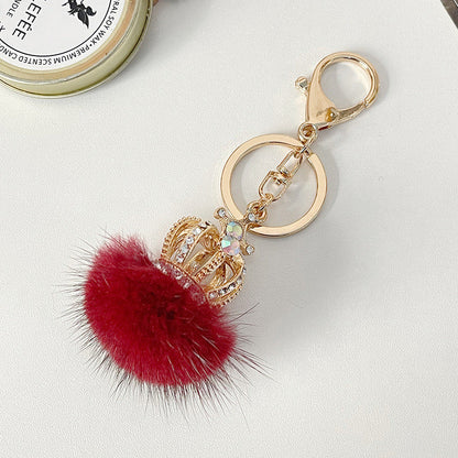 Diamond Studded Mink Fur Ball Crown Keychain