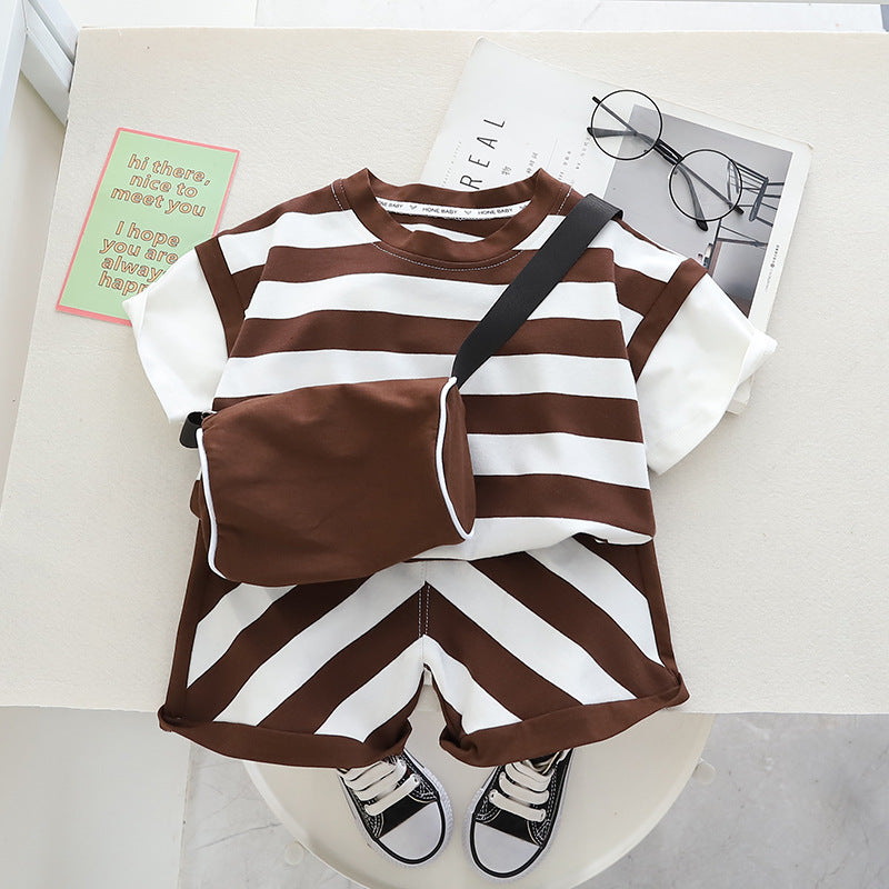 Boys Summer Short Sleeved Shorts Shoulder Bag Cotton Set