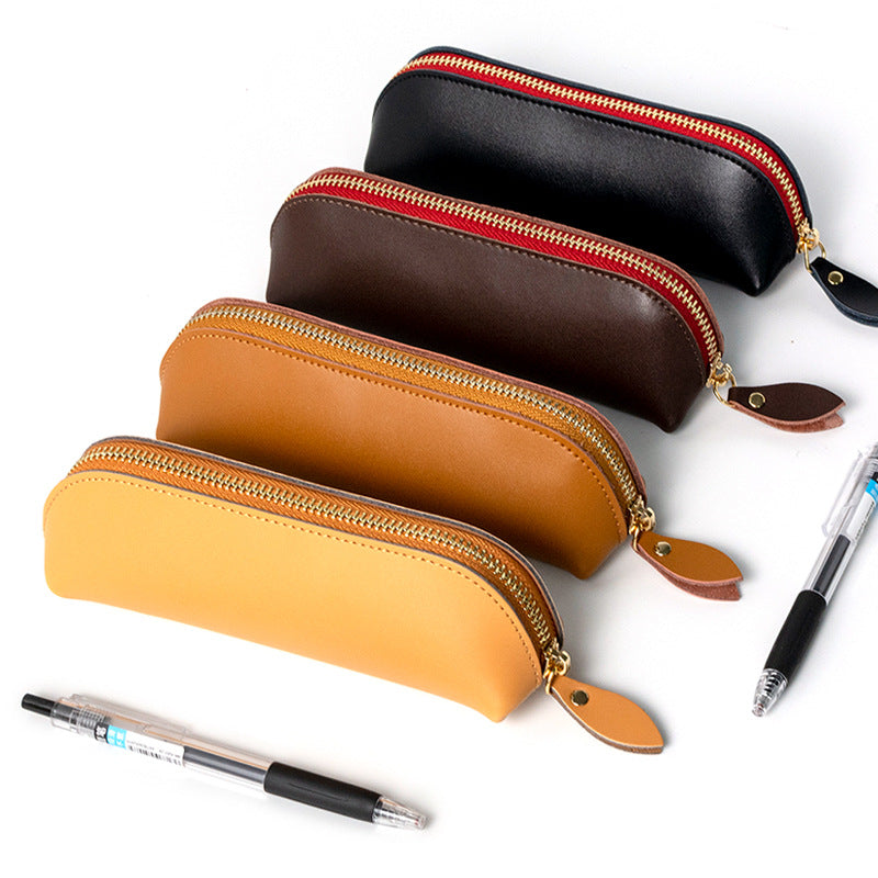 Cowhide Solid Color Zipper Stationery Bag Pencil Case Large Capacity
