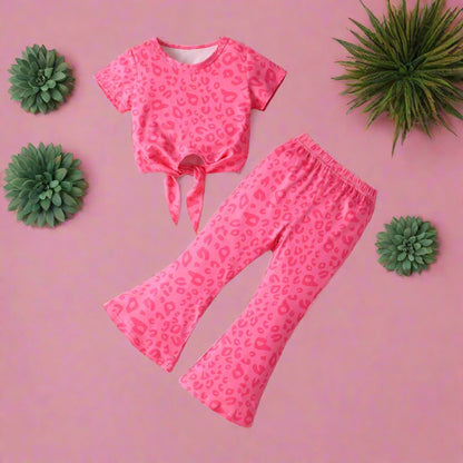 Cotton Kids Set Leopard Print Flare Pants Two Piece Set