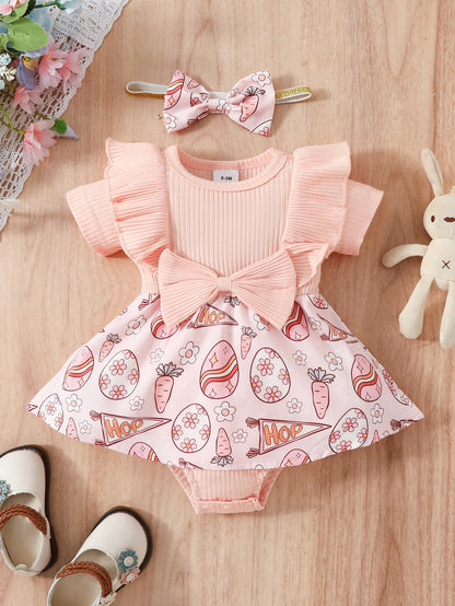 Easter Cotton Baby One Piece Rabbit Ripple Bow Dress