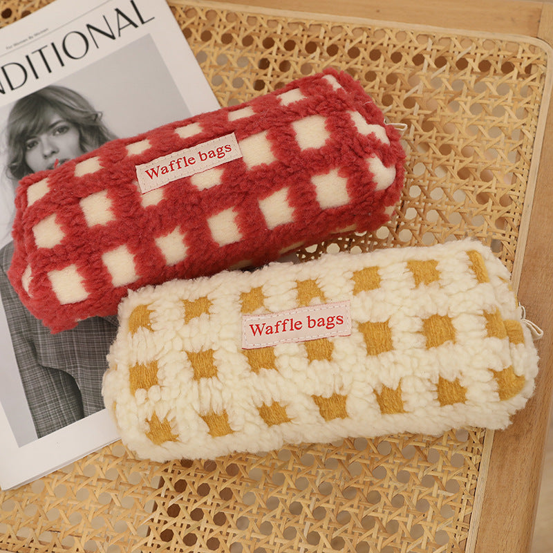 Waffle Lamb Plush Checkerboard Pencil Case