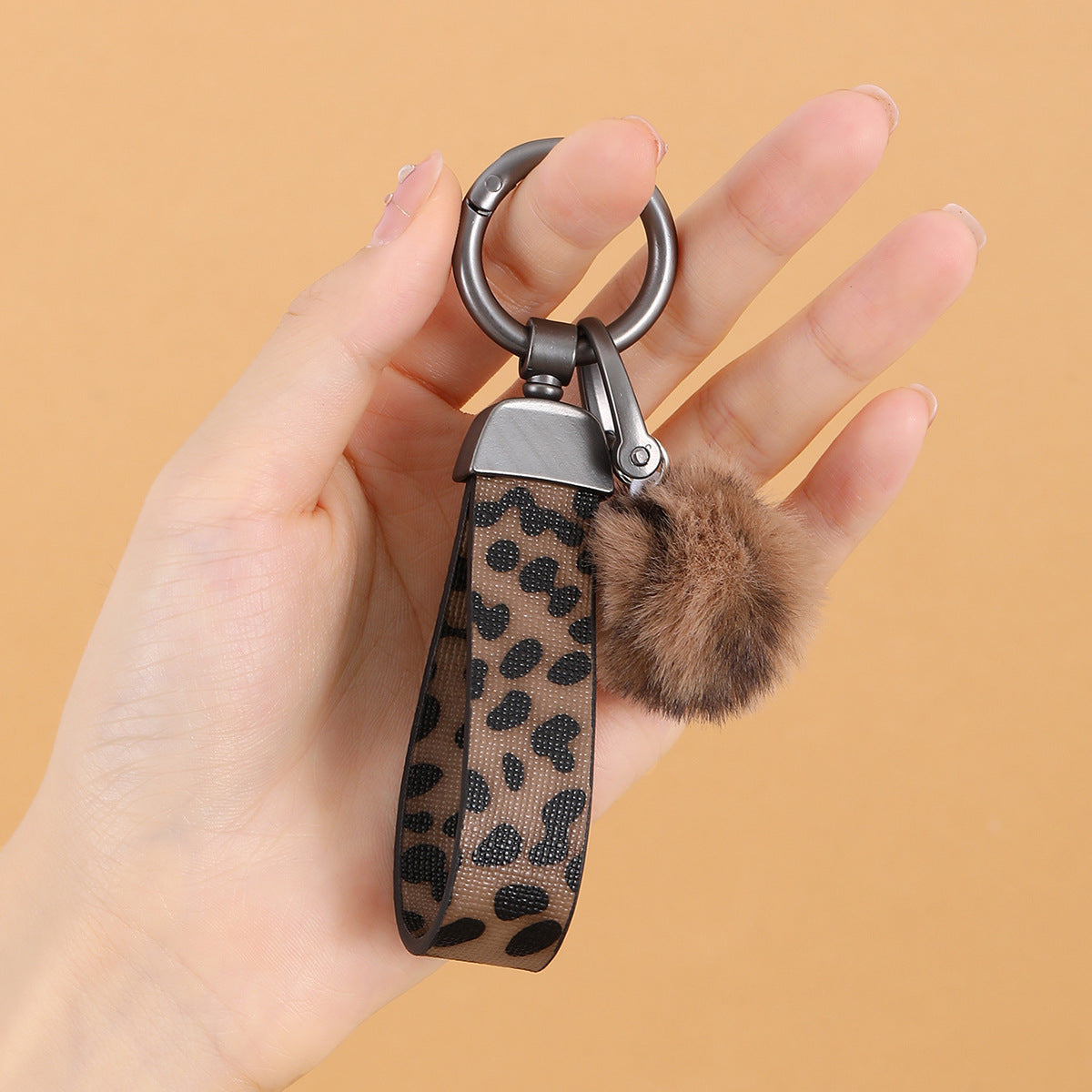 Leopard Print Fur Ball Leather Keychain