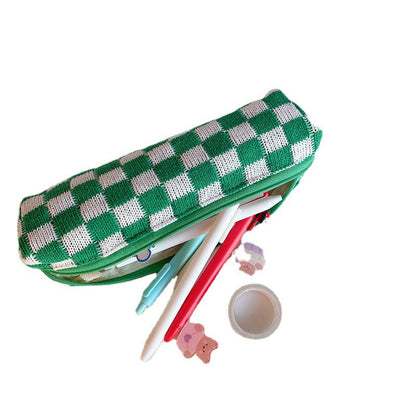 Checkerboard Knitted Large Capacity Wool Pencil Bag