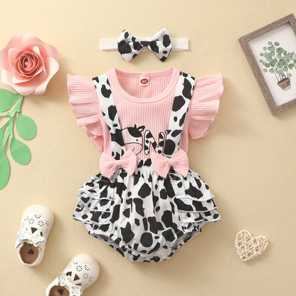 Baby Cow Bow Bib Overalls Set Polyester Baby Clothes