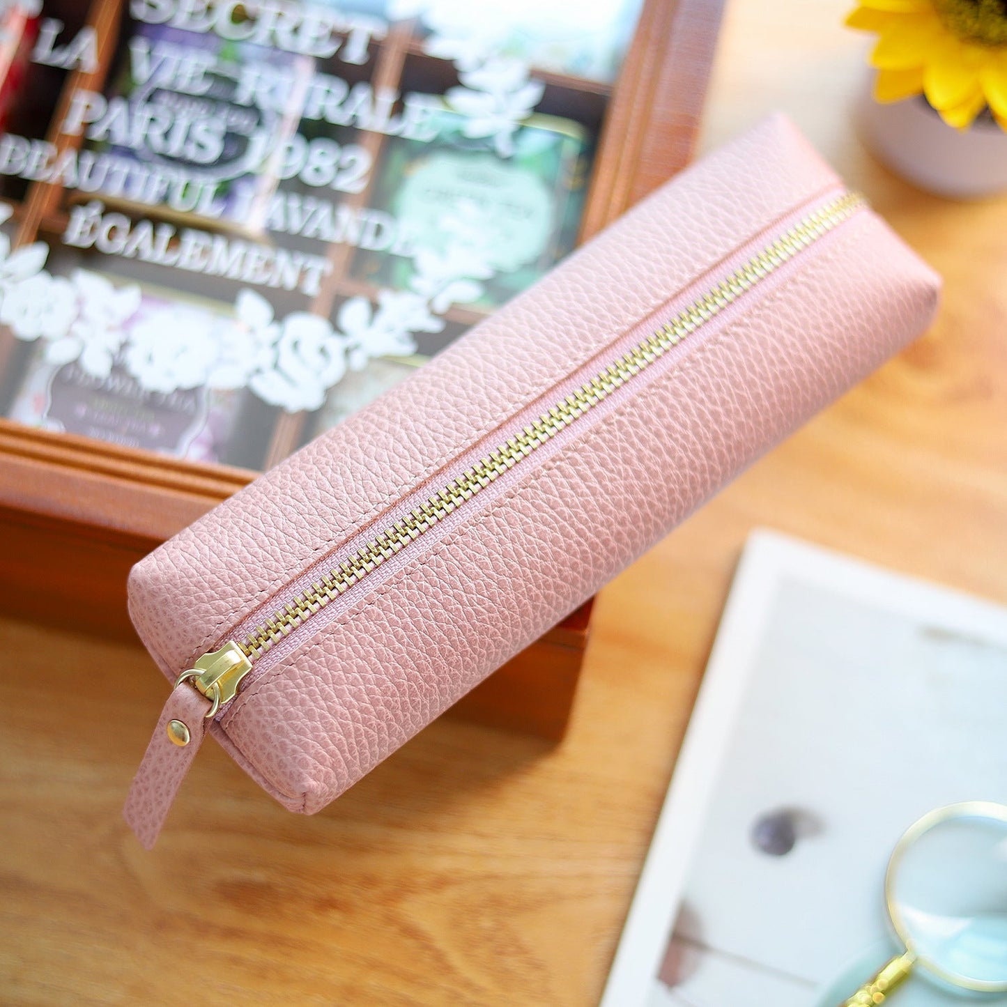 Cowhide Lychee Zipper Creative Pencil Case