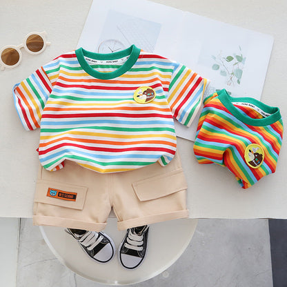 Boys' Summer Striped Short Sleeved Cotton Two-piece Set