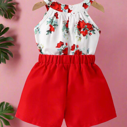 Round Neck Rose Print Top Shorts Two-piece Baby Clothes