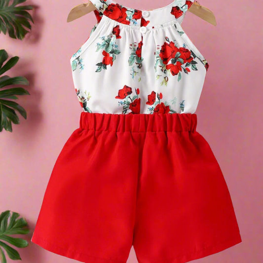 Round Neck Rose Print Top Shorts Two-piece Baby Clothes
