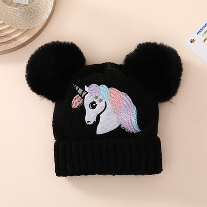 Children's Winter Knitted Hat Unicorn Double Ball Woolen Hat