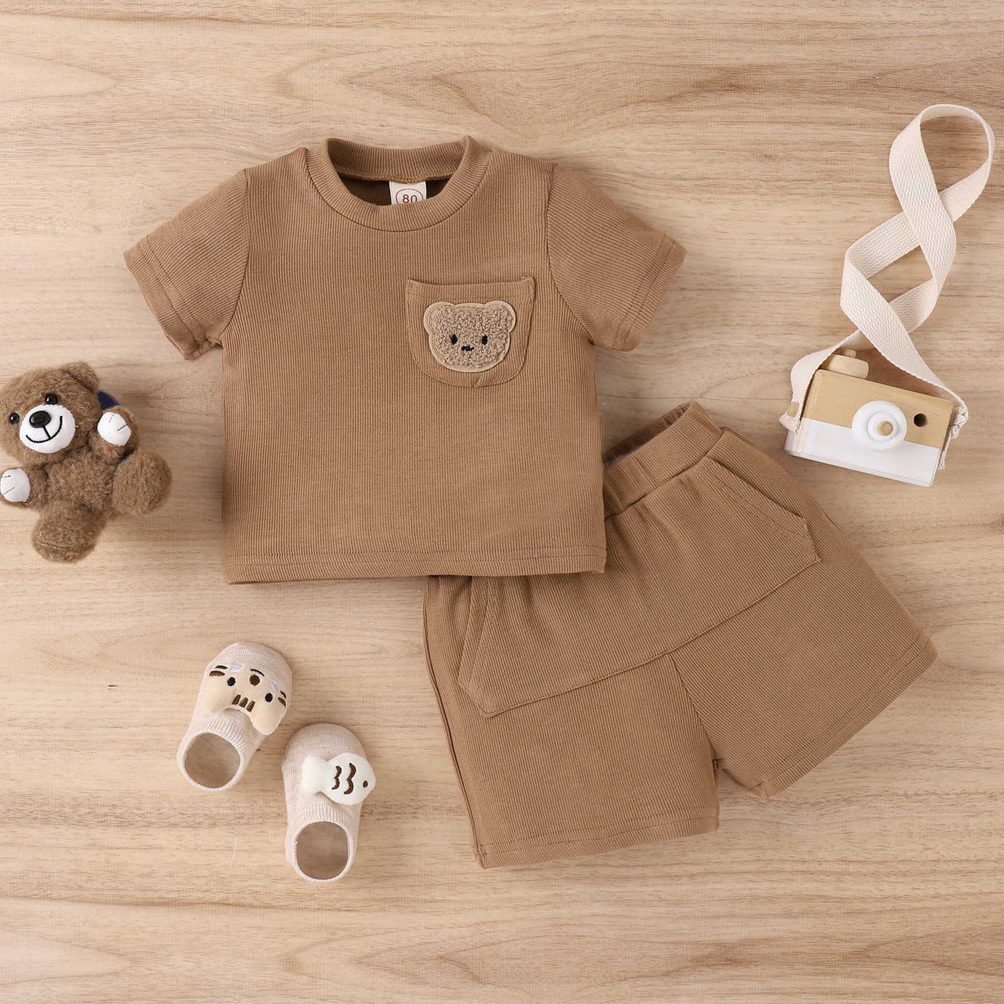 Bear Embroidery Short Sleeve Shorts Set Cotton Baby Clothes