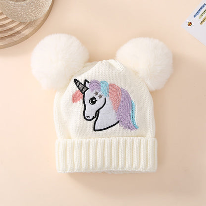 Children's Winter Knitted Hat Unicorn Double Ball Woolen Hat