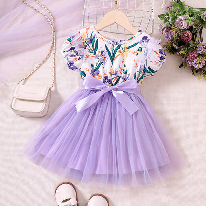 Kids Puff Sleeve Floral Print Mesh Dress Baby Clothes