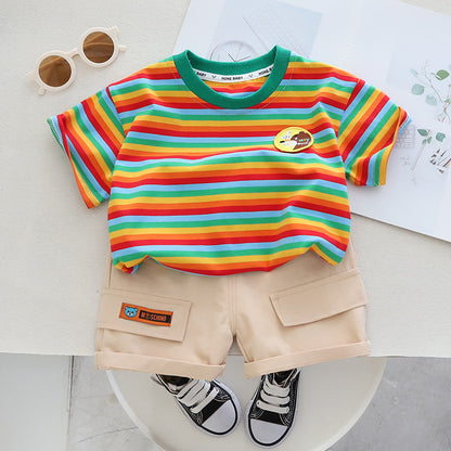 Boys' Summer Striped Short Sleeved Cotton Two-piece Set