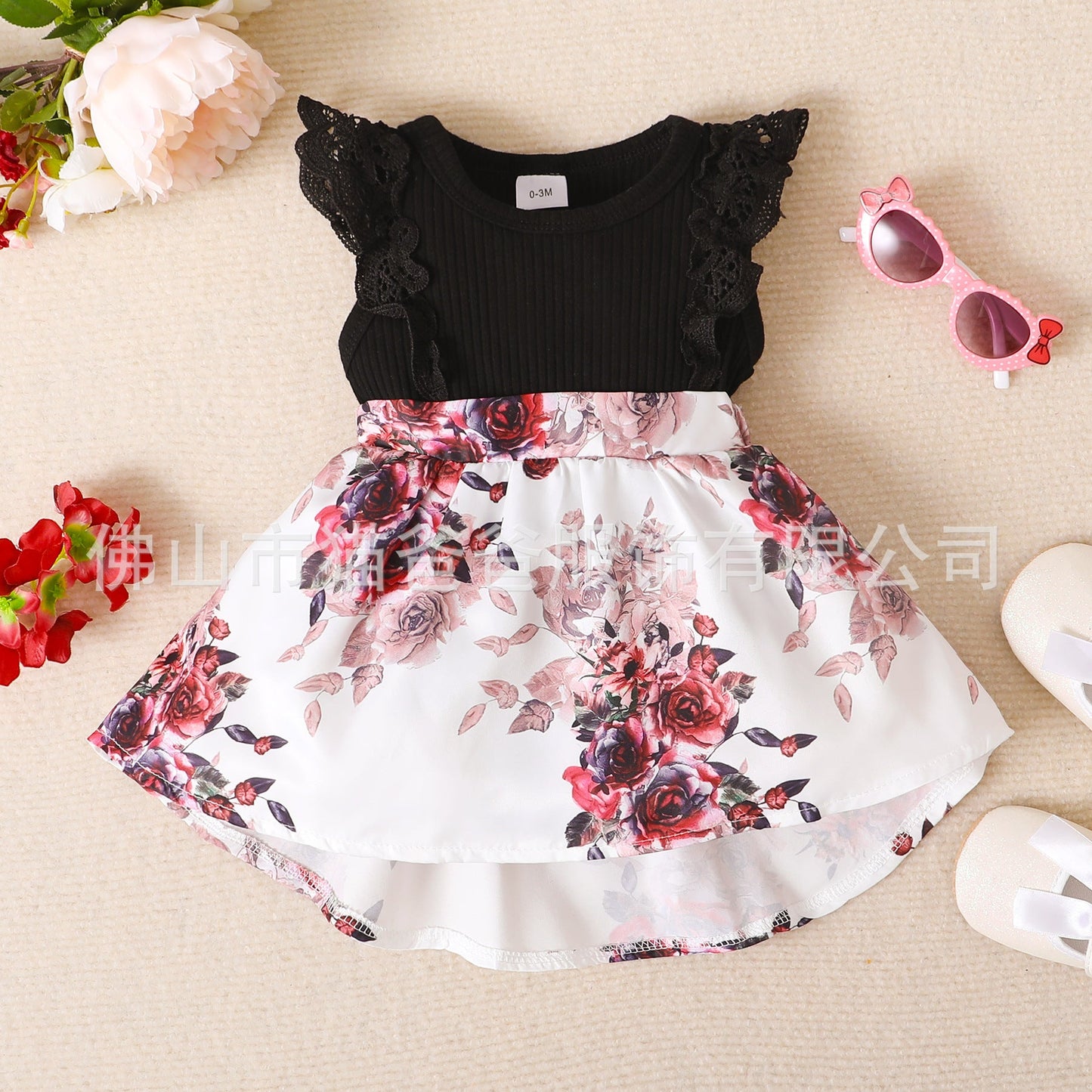 Lace Trim Polyester Floral Dress Baby Clothes