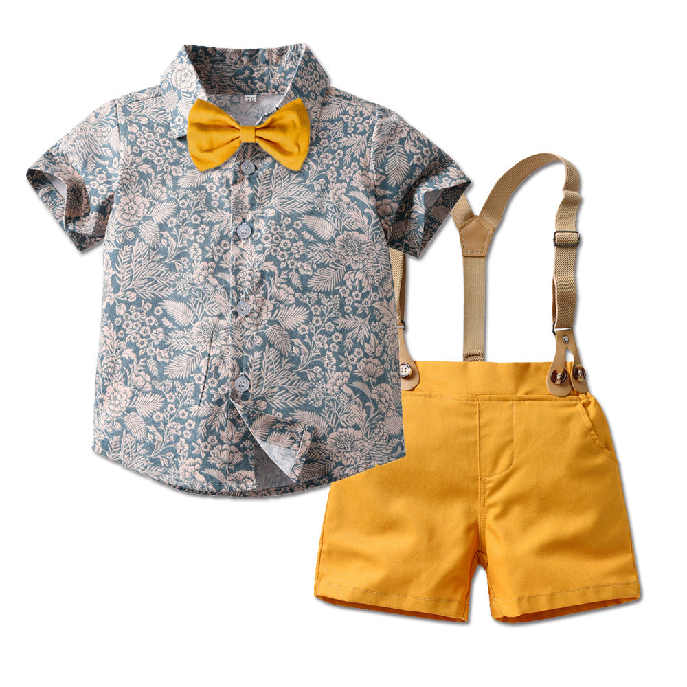 Children's Cotton Short Sleeved Printed Shirts and Suspenders