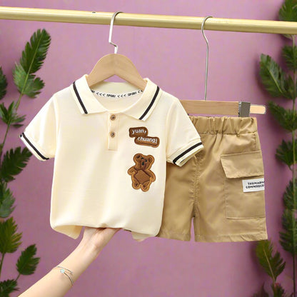Kids Summer Bear Polo Shirt Two-Piece Set