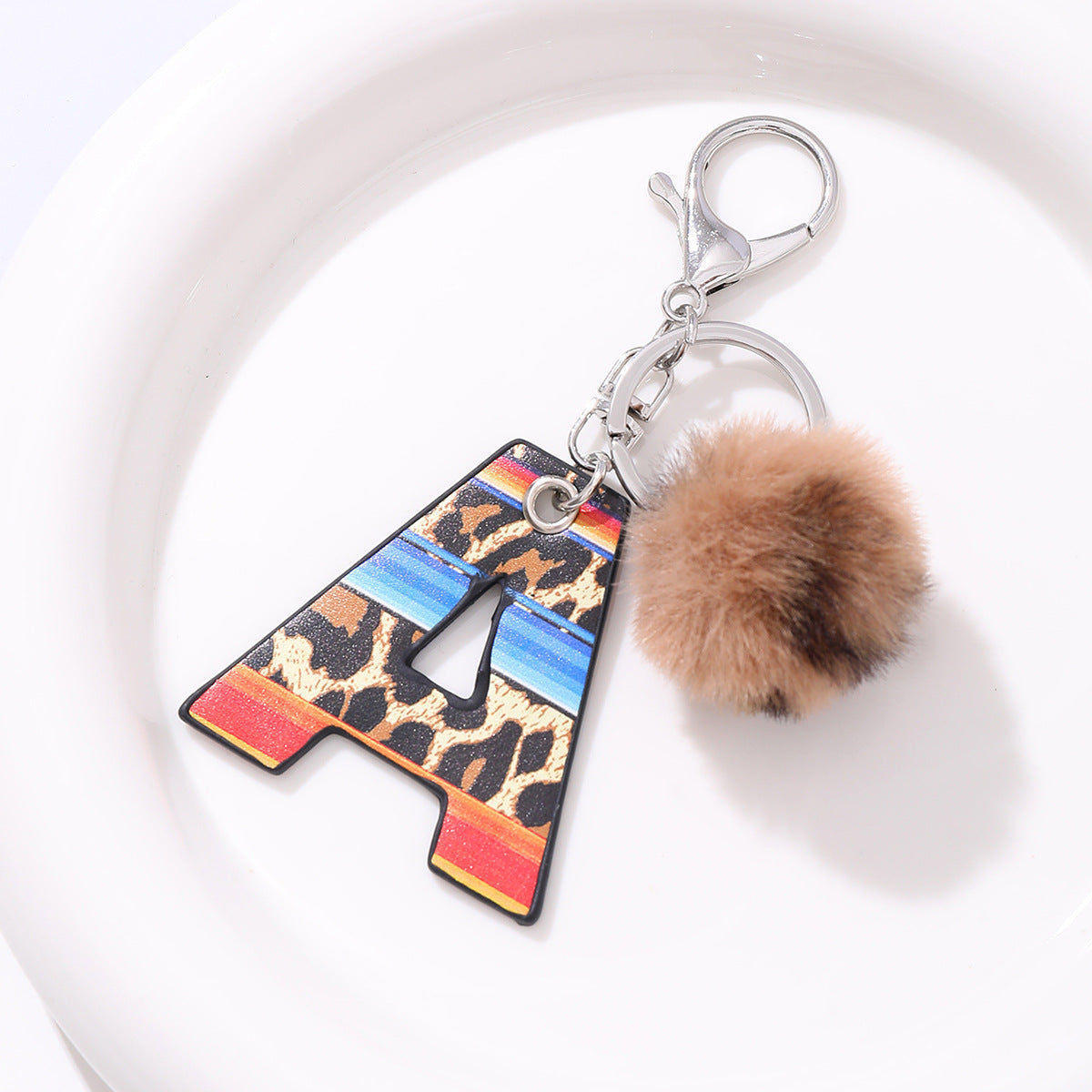 Faux Leather Leopard Print Letter A Fur Ball