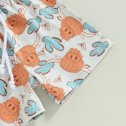 Cotton Summer New Aztec Western Cowboy T-Shirt Shorts Set