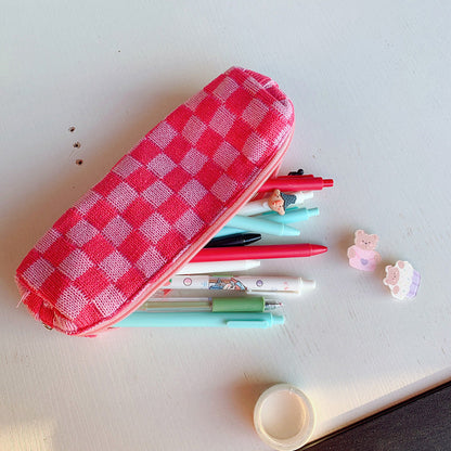 Checkerboard Knitted Large Capacity Wool Pencil Bag