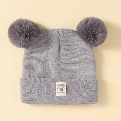Wholesale acrylic autumn winter solid color woolen kids double ball hat