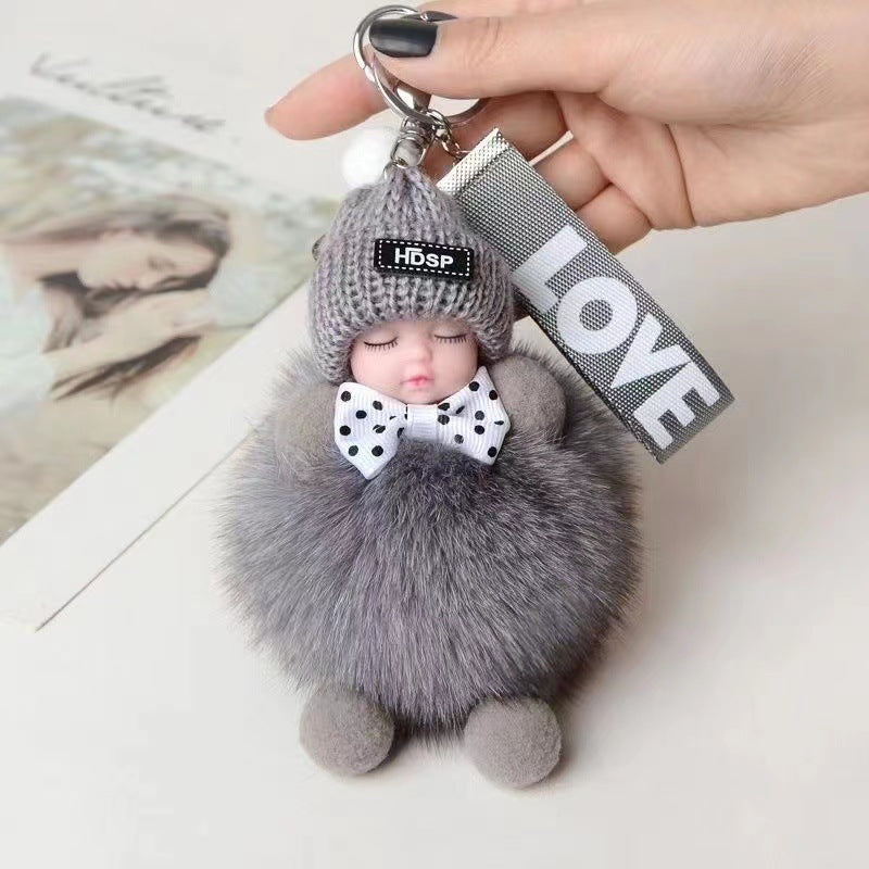 Real Fox Fur Ball Pendant Sleep Doll Keychain